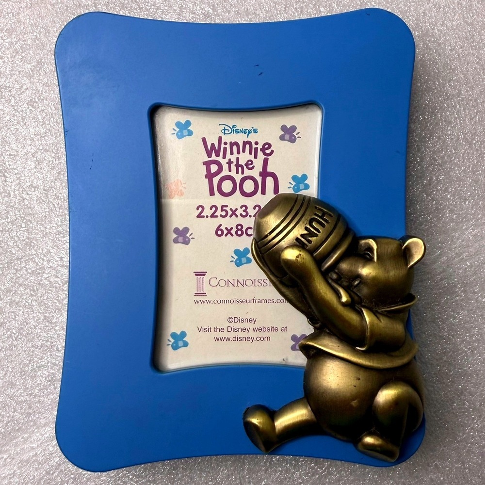 Disney Winnie the Pooh Blue Picture Frame 3D Bronze Pooh Hunny Pot Connoisseur